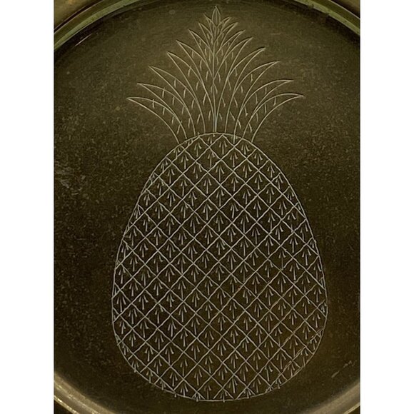 Vintage Brass Table Tray Plate 13” Etched Pineapple‎ Round Wall Hanging Decor - Picture 4 of 10